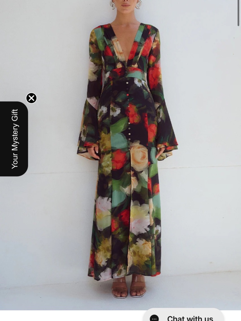 Floral V-Neck Maxi Dress with Bell Sleeves in Black, Green & Red